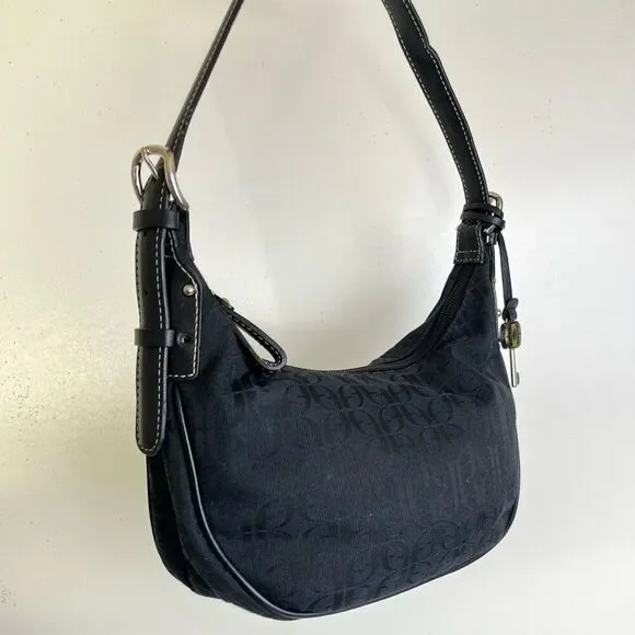 Fossil Y2K Mini Hobo Black Jacquard Leather Trim Logo Vintage Crescent Baguette - Picture 3 of 15